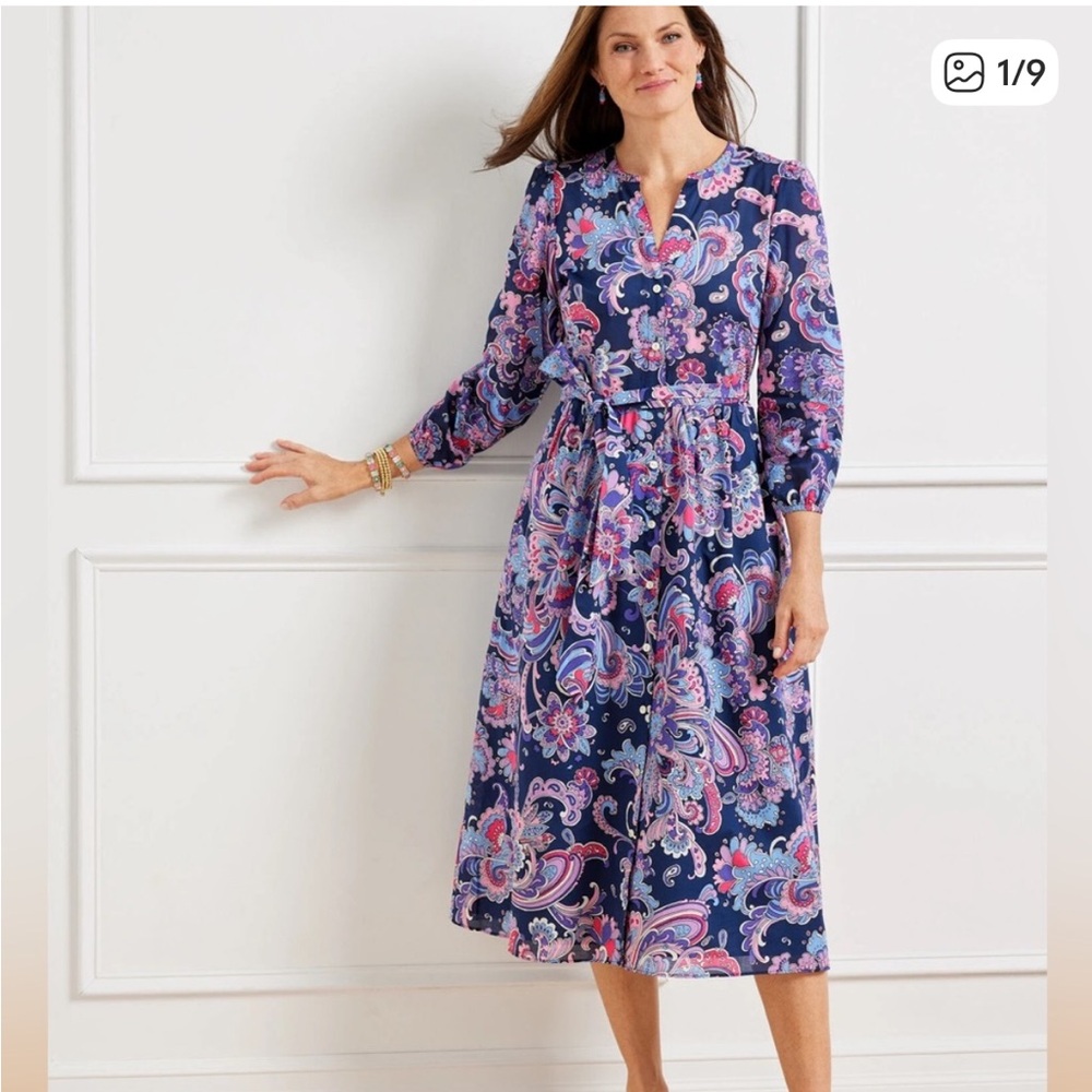Talbots Voile Fit & Flare Midi Shirt Dress Purple Paisley